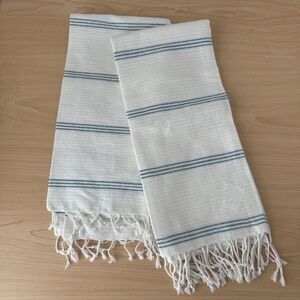 New Crate & Barrel Set 2‎ Kitchen Tea Towel Blue Stripe Seascape Modern Boho Lot
